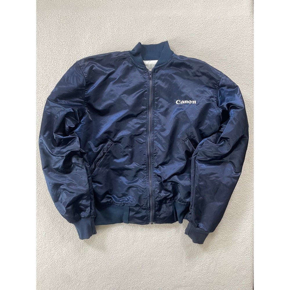 80s Canon Mens Large Bomber Jacket Navy Blue Vintage Made in USA Promo Tech Logo